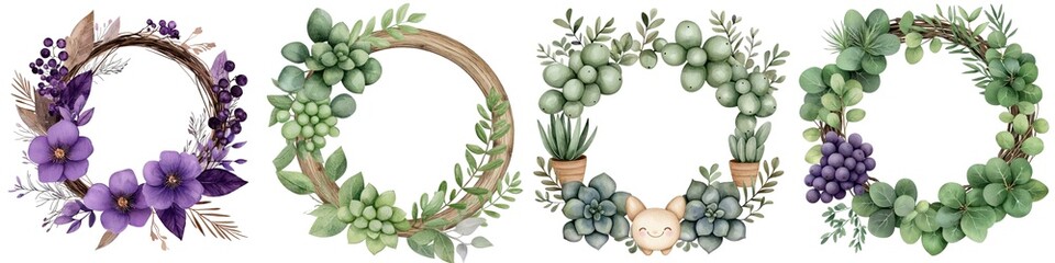 Fototapeta premium Beautiful floral wreaths with various plants on a white isolated background.
