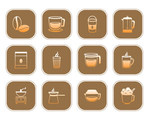 Vector image of coffee icon set with brown background