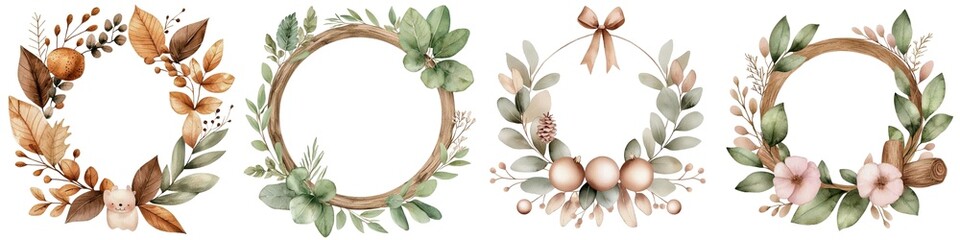 Fototapeta premium Beautiful watercolor wreaths with leaves and flowers on a white background.