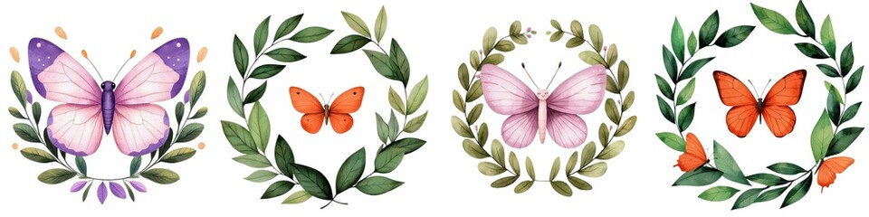 Fototapeta premium Butterfly wreaths with colorful designs on white isolate background.
