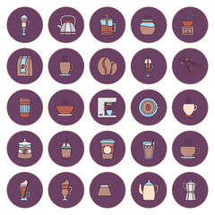 Vector image of coffee icon set with purple background
