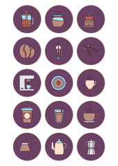 Vector image of coffee icon set with purple background