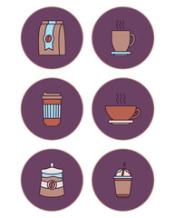 Vector image of coffee icon set with purple background