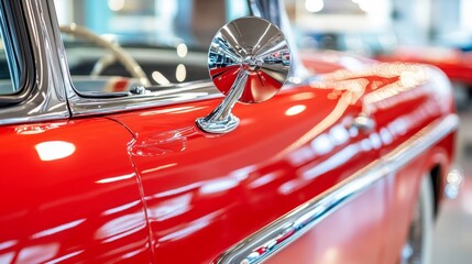 Vintage Red Car Side View with Chrome Side Mirror