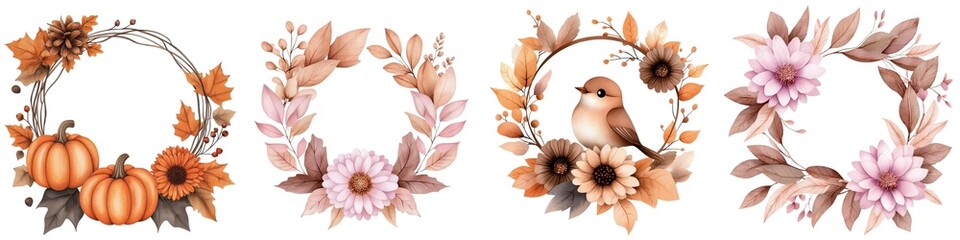 Fototapeta premium Colorful floral wreaths with pumpkins and leaves, white isolate background.