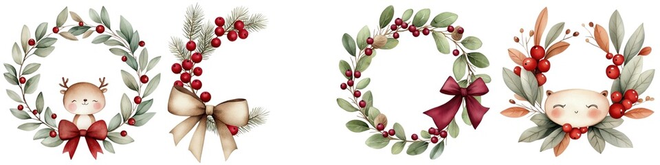 Cute holiday wreaths with bows, berries, and leaves on a white isolated background.