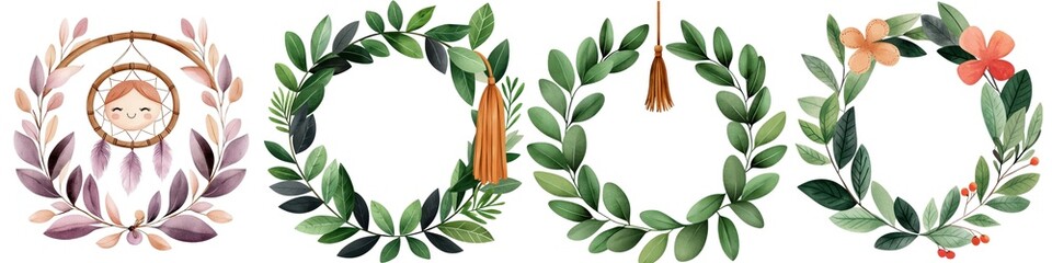 Decorative wreaths with leaves and flowers, white isolated background.