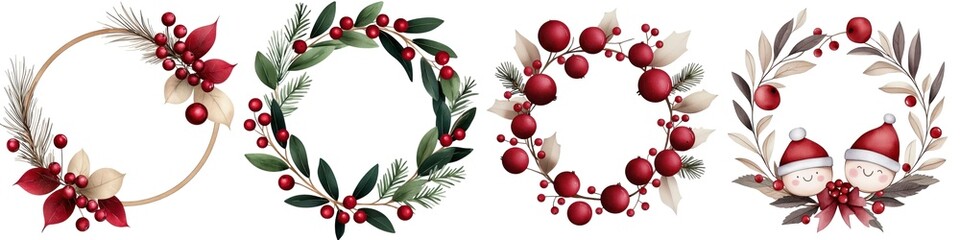 Fototapeta premium Festive holiday wreaths with red ornaments and green foliage on white background.
