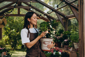 Young professional gardener taking care of grown up plant in massive pot, standing at entrance to flowers store