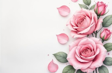Fototapeta premium Delicate Pink Roses on a Light Gray Background in Watercolor Style - Screen Wallpaper