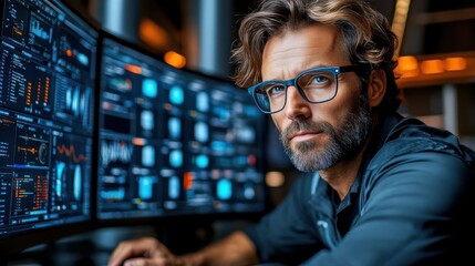 Fototapeta premium A man in glasses is sitting in front of a computer monitor with a serious expression on his face