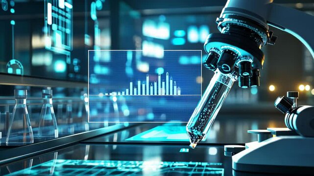A futuristic laboratory scene featuring a microscope and digital interfaces.
