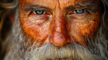 A man with a beard and a blue eye. He has a very serious look on his face