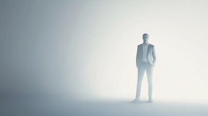 Obraz premium A confident businessman stands alone in a minimalist scene, highlighting focus and ambition amidst soft, ethereal lighting.