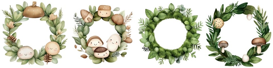 Four decorative wreaths with mushrooms and leaves, white isolate background.