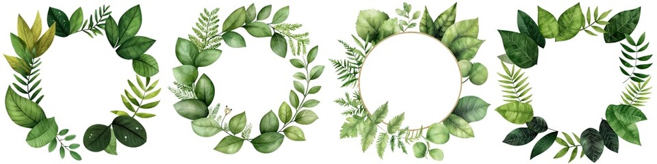 Fototapeta premium Four distinct green leaf wreaths on a white isolated background.