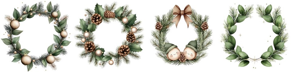 Four decorative wreaths with seasonal elements on a white isolated background.