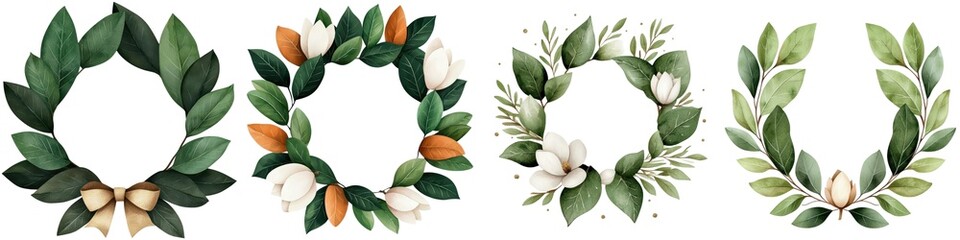 Fototapeta premium Four elegant floral wreath designs on a white isolated background.