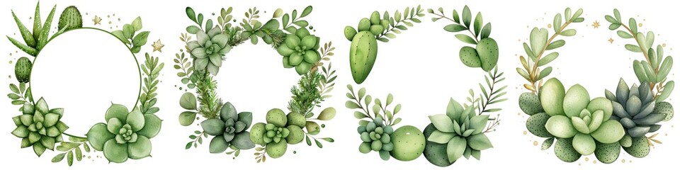 Four elegant succulent wreaths on a white isolate background.