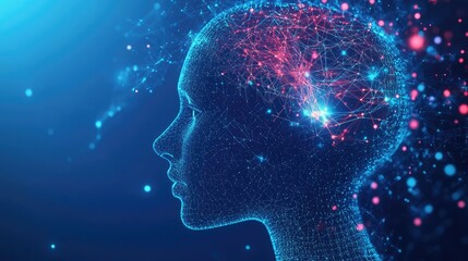 Abstract Human Head Profile with Neural Connections on Blue Background