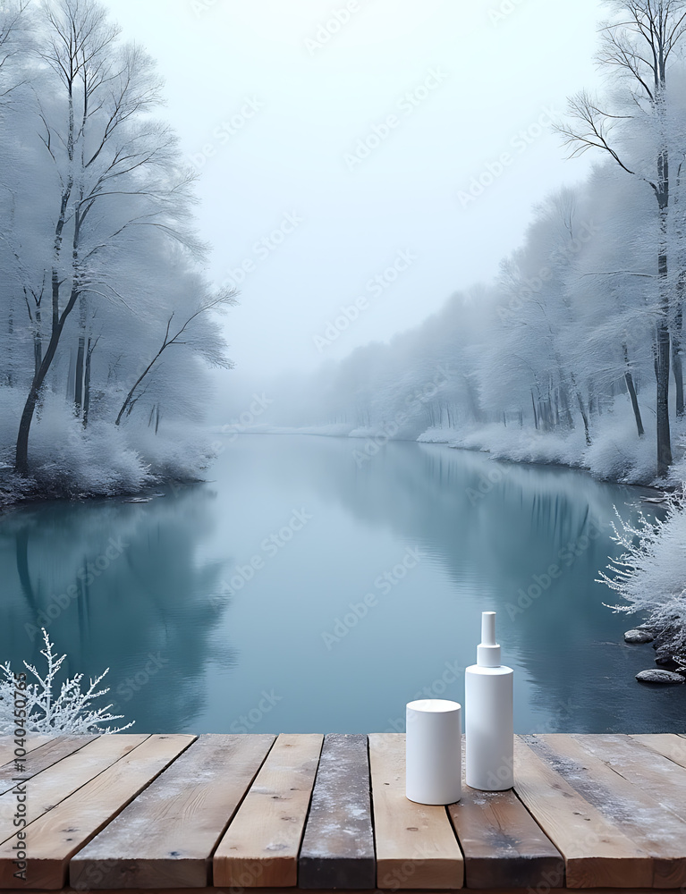 Poster Winter lake aesthetics feature snowy trees, a wooden table for product placement, all created by generative artificial intelligence technology.