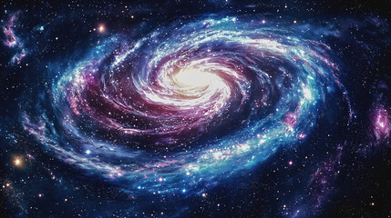 A vast galaxy among galaxies in the infinite universe, a galaxy that has its own stars, planets, and systems in a sea of other galaxies, with a beautiful cosmic nebula that radiates.