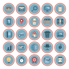 Set of office vector icons inside a circle with white background