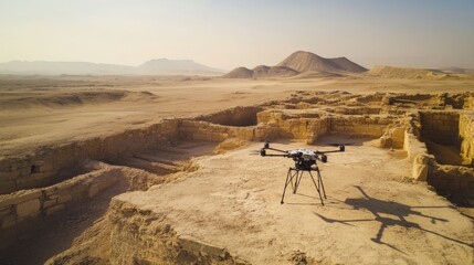 Robotic exploration drones surveying archaeological ruins in a remote desert, historical site with autonomous surveying robots, Archaeological Exploration style