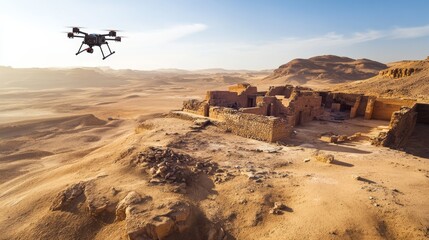 Robotic exploration drones surveying archaeological ruins in a remote desert, historical site with autonomous surveying robots, Archaeological Exploration style