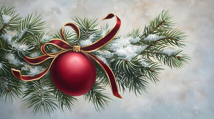 Beautiful Christmas ornament hanging on a snowy pine branch with festive ribbon