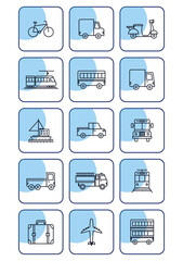 Set of vector icons of vehicles in lines with white and light blue background