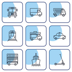 Set of vector icons of vehicles in lines with white and light blue background
