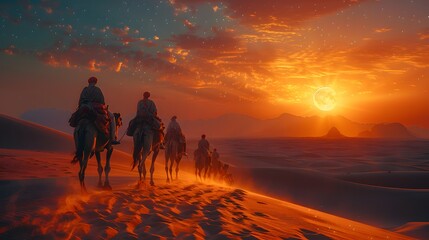 A majestic desert scene with astrologers leading a caravan of camels toward the eastern horizon, the soft light of the moon and stars illuminating the dunes,