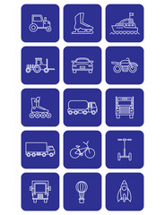 Set of vector transport icons in white lines with blue background