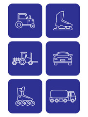 Set of vector transport icons in white lines with blue background