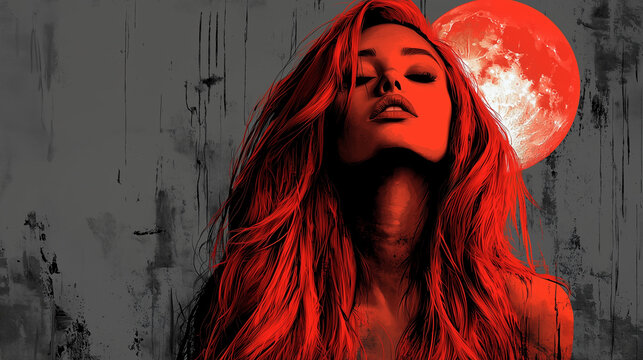 Beautiful woman with long hair and a full white moon on her head, gray background, dark fantasy style, vintage poster.