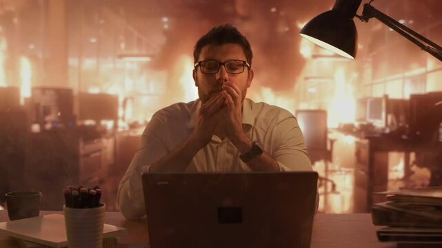 Man Holding Head Over Laptop In Flames Stress Management Crisis Response Intense Moment