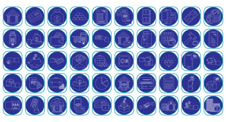 Set of finance vector icons in white lines with blue background