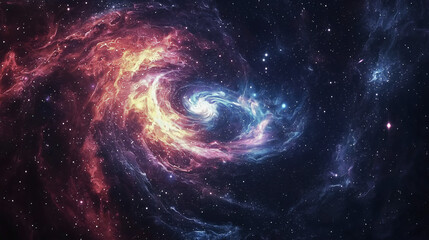 A galaxy in the universe with countless stars, planets, and small worlds, a galaxy emerging from the dark expanse of space.