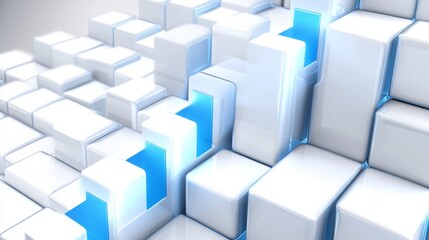 Obraz premium A dynamic arrangement of white cubes with blue light accents, representing modern digital aesthetics and abstract design concepts.