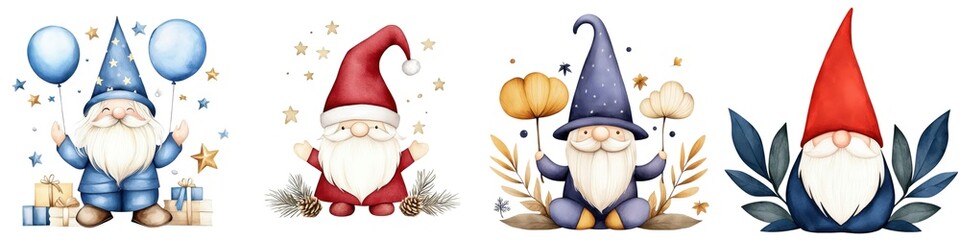 Fototapeta premium Playful gnomes with balloons and gifts in a whimsical style, white isolated background.