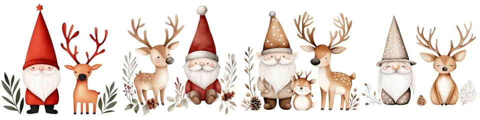 Fototapeta premium Santa gnomes and reindeer with festive accents, white isolated background.