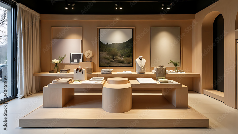 Poster wooden platforms support minimalist product display with stone accents for a unique retail experienc