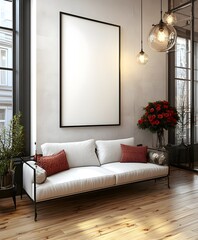 Blank white poster mockup on a colorful wall in a creative artist studio surrounded by painting supplies. 3d rendering