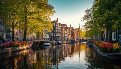 Naklejka premium A picturesque view of Amsterdam's canal ring in spring showcases vibrant blooming colors.