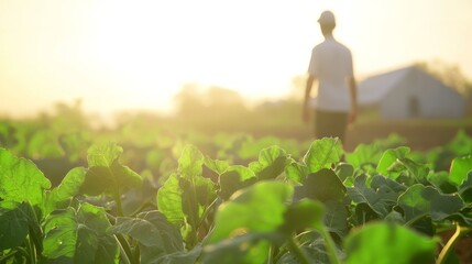 A farmer walking through a vibrant green field at sunset, surrounded by lush crops and a serene landscape.