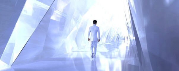 Fototapeta premium A figure walking through a futuristic, luminous corridor, surrounded by crystalline structures and ethereal lighting.