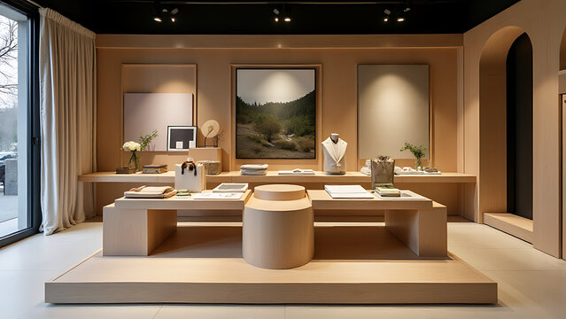 Wooden platforms support minimalist product display with stone accents for a unique retail experience in upscale stores.