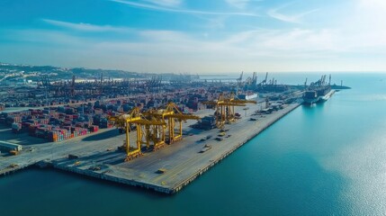 Obraz premium A cutting-edge harbor with cranes and containers, representing the epicenter of international trade, photography style