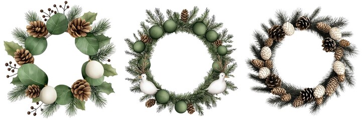 Three decorative wreaths with natural elements on a white isolated background.